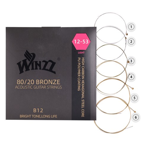 WINZZ 코팅 기타 줄 세트 80/20 브론즈 밝은 음색 롱 라이프 방청 어쿠스틱 기타 줄, 1개, 메탈 색상, B12