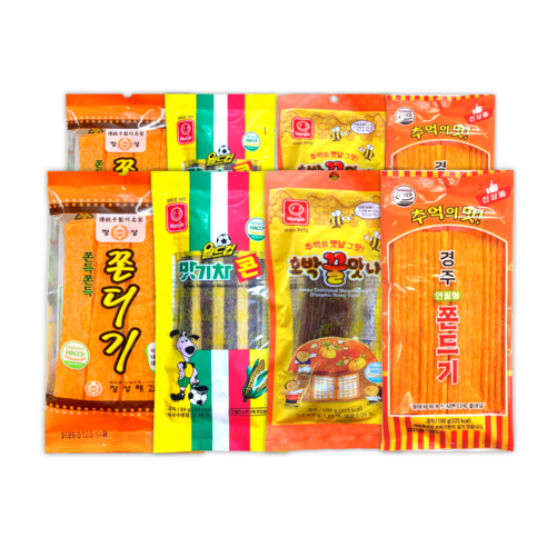 정성 쫀디기95g + 월드컵 맛기차콘84g + 호박꿀맛나100g + 경주 연필형 쫀드기100g / 세트 추억의 쫀드기 문방구 옛날 간식, 379g, 2세트