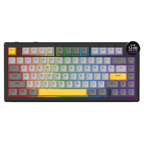 에이재즈 AK820 V2 커스텀 RGB 디스플레이 3모드 유무선 키보드, 제조사축, 코코넛축, 블랙 + 그레이 + 옐로우