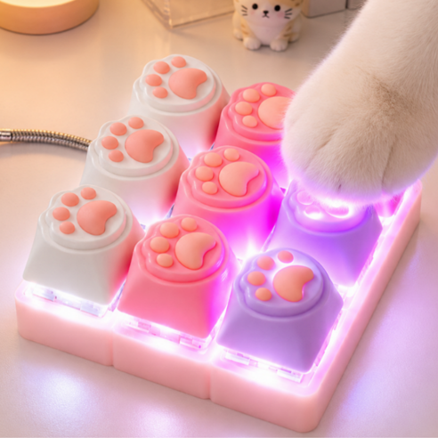 키캡월드 LED 고양이 발바닥 키캡 키링 딸깍이 클리커 키보드 열쇠고리, 1개, 화이트핑크퍼플