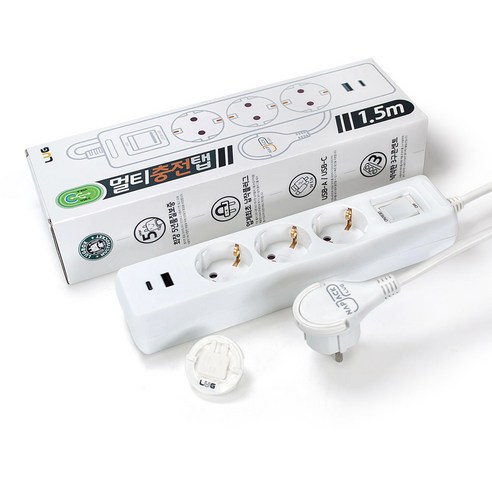 러그박스 3/5구 납작플러그 고속충전 USB C타입 고용량 3680W 멀티탭 1.5M/ 3M, 1개, 3구 화이트, 1.5m
