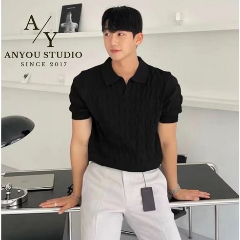 ANYOU 남성 반팔 니트 티셔츠 여름 폴로 셔츠 심플한 코디 카라 상의