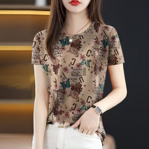 VVRR 여성 반팔 티셔츠 데일리 만능 알파벳 나비 플라워 라운드넥 상의 Z0032919 A