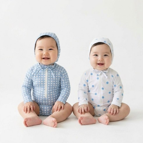 로이앤한나 베이직 집업 땡땡이 체크 여아 여자아기 남아 남자아기 긴팔 수영복 래쉬가드 수영모자 세트