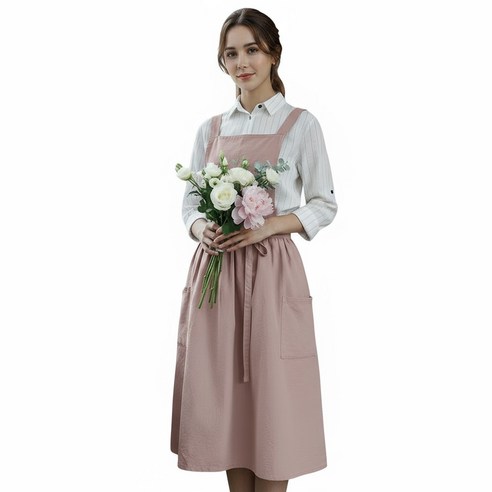 모아룸 원피스형 코튼 카페 앞치마, 원피스핑크, 1개