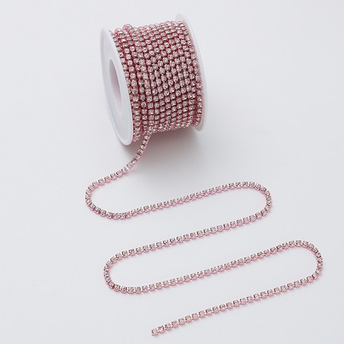 백지마켓 잘라쓰는 큐빅 스톤 체인 네일 파츠 2mm 1롤 9m, 1개, 핑크베이스+화이트보석