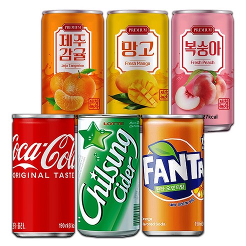 [중앙몰] 미니캔 탄산+과즙 혼합세트 60캔 (코카콜라+칠성사이다+환타오렌지+제주감귤+복숭아+망고)+메세지스티커 - 콜라 | 쿠팡