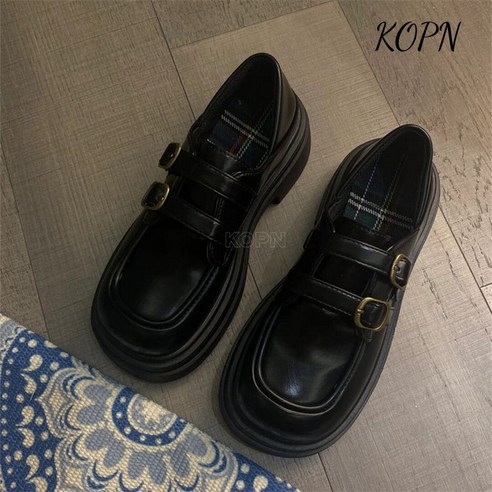 KOPN 일본계 작은 구두녀 봄 영륜풍 블랙 두꺼운 밑창 르푸슈즈 빈티지 jk 제복 단화