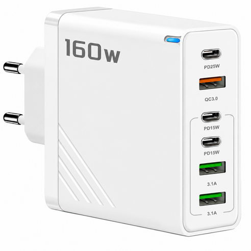 160W 접지 초고속 충전기 6포트 2TYPE-C+2USB+PD+QC 적용애플 아이폰 아이패드 삼성 갤럭시 픽셀 고속 전원 어댑터SJCDBK, 1개, 화이트BK306