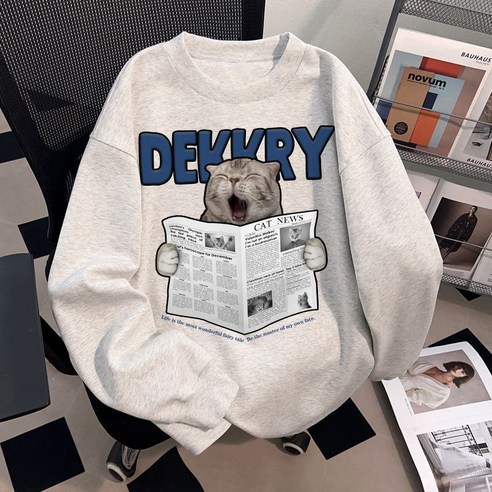 [XUMAO]신문 읽는 고양이 프린트 겨울용 여성 심플 앤 세련된 털이 들어간 스포츠 후드티