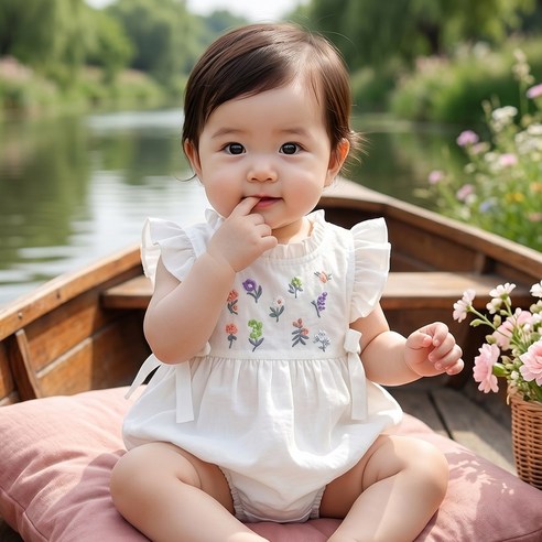 몽실이 화이트 자수 민소매 바디슈트