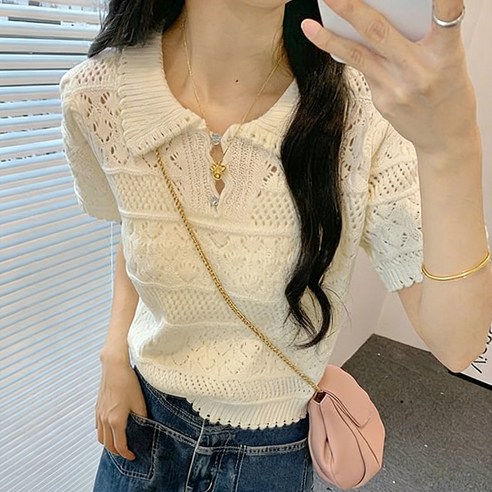 AURALA 여성 여름 시스루 펀칭 니트 반팔 여자 예쁜 카라넥 반팔티 데이트룩