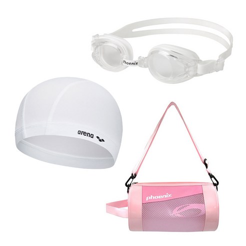 생존수영 키트 아레나 스판 수모+피닉스 아동 수경 PN-509J+피닉스 가방 PSB-300, 1개, 수모 화이트