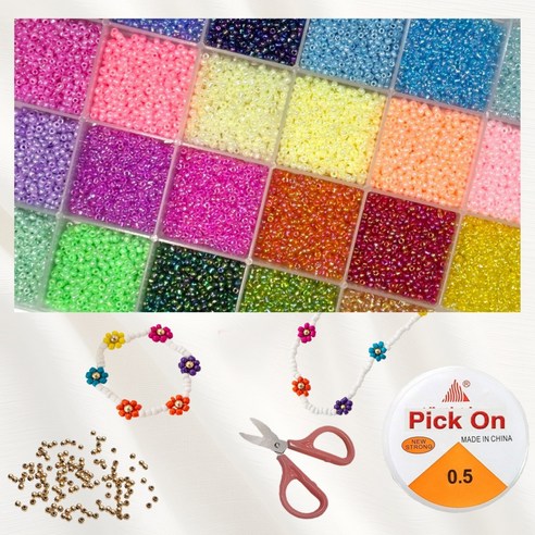 Pick On 시드비즈2mm 24색세트 + 골드 꽃씨 에디션 올인원 DIY 반지 팔찌 만들기, Mix, 1세트