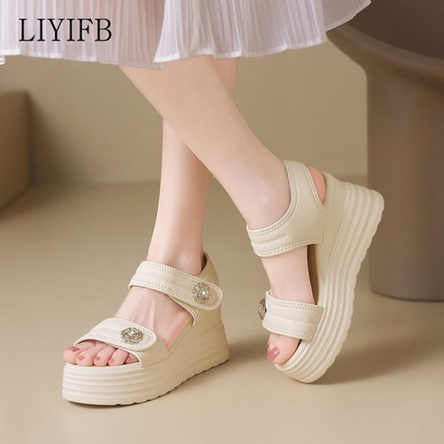 LIYIFB 벨크로 여성 웨지힐 샌들 7cm 발편한 키높이 통굽 샌들