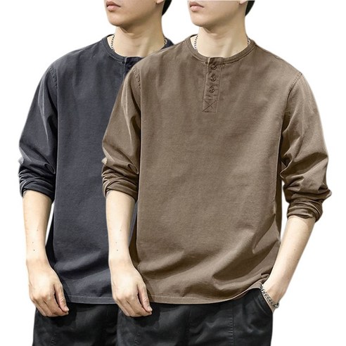 Makone 남성 헨리넥 티셔츠 긴팔 루즈핏 솔리드 캐주얼 풀오버 1+1
