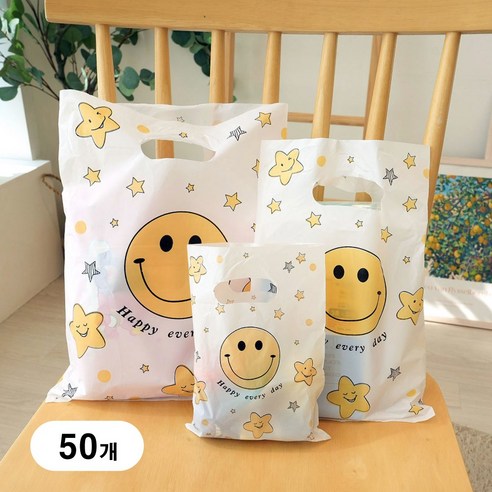 스마일 손잡이 비닐 쇼핑백 비닐 봉투, 50개
