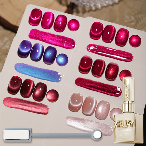 XEIJAYI 베리 시리즈 캣아이 네일 젤 6종 세트: 레드 캣아이 블루 캣아이, 7개, 15ml, 핑크 시리즈 젤 네일 폴리쉬 세트