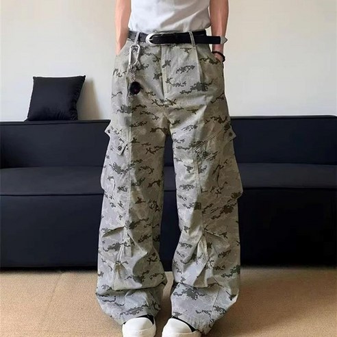 인어미남 남성 봄가을 카모플라주 카고 바지 남여공용 빅포켓 디자인 슬랙스 멋쟁이 와이드 팬츠