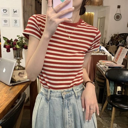 BROWMODA 여성 티셔츠 슬림 라운드넥 스트라이프 반팔티