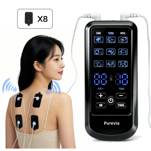 Purevia 저주파 전기 마사지기 듀얼 가정용 3채널 EMS TENS 마사지 9모드 30단강도 타이머, 블랙, BSY269