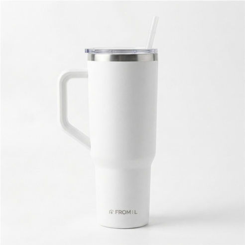 프로멜 보온보냉 대용량 빨대 손잡이 텀블러, 1개, 1180ml, 화이트