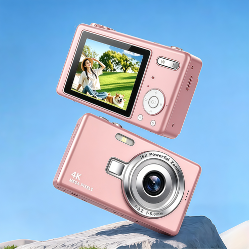 디지털 카메라 빈티지 카메라 내장 플래쉬 128GB SD카드 포함 Type-C 충전, 핑크
