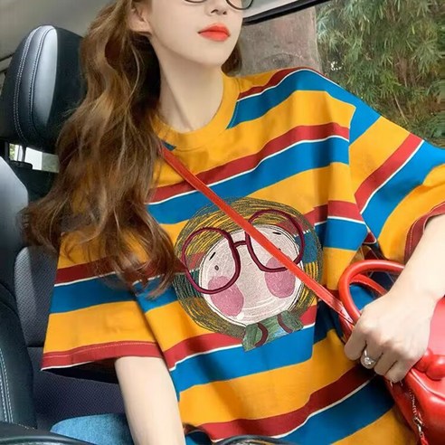 슬림소녀 여성 여름 프린트 캐릭터 스트라이프 반팔 티셔츠 디자인감 오버핏 상의