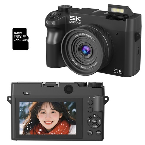 RUNHome WIFI 5K 고급 디지털 카메라 앞뒤 7500W 캠코더 선물 여행용 인생+64GB 메모리, 블랙