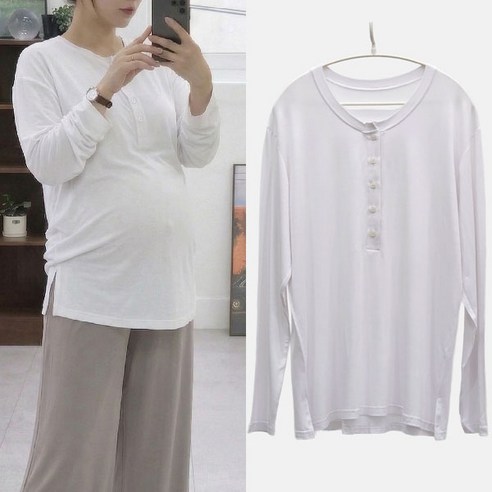 임산부 수유티 여름 긴팔 얇은 단추티 레이온 스판 루즈핏 수유가능 데일리 티셔츠