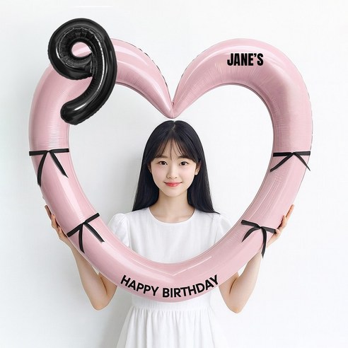 해피제이니 블랙 숫자 하트프레임 풍선 생일파티용품세트(프리레터링 시트지 포함) 포토존, 1세트, 9 핑크하트