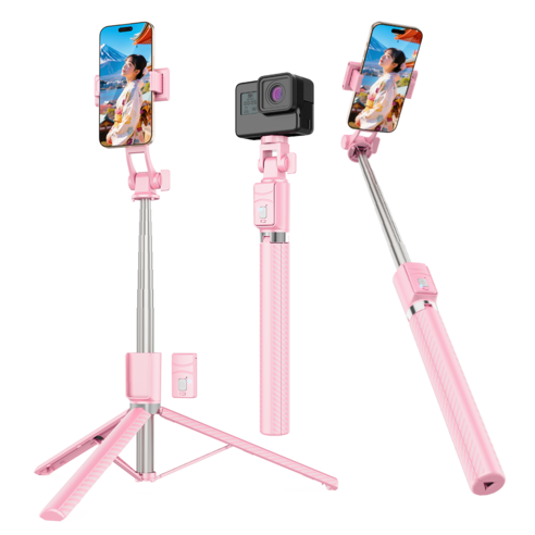 NICESUN 블루투스 휴대폰 삼각대 스마트폰/카메라/고프로 삼각대 셀카봉 170cm S8, 핑크, 1개