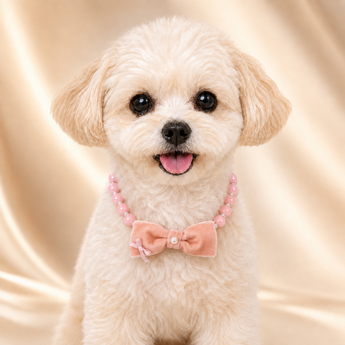 강아지 진주 목걸이 리본 펫 액세서리 고양이 겸용 소형견 목걸이 반려동물 주얼리 HJCWXL0950A121, 1개, 연분홍색