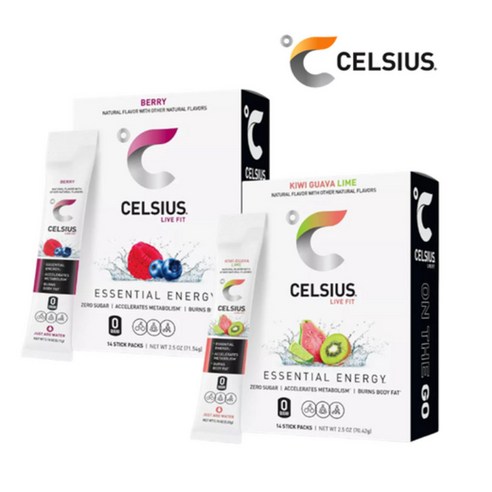 '[CELSIUS] [1+1] 셀시어스 히트 워터 제로슈가 베리 맛 14개입 + 키위 구아바 라임 맛 14개입 운동 보조 에너지 ...