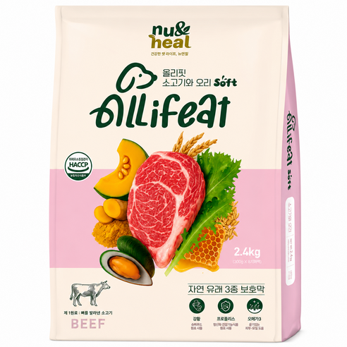 뉴앤힐 올리핏 소고기와 오리 (300gX8ea) 전연령 생고기 소프트사료, 1개, 2.4kg, 소