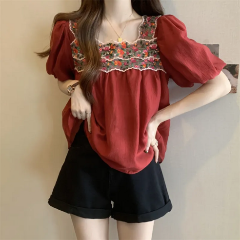 COSYEVNO 여성 여름용 자수 장식 퍼프 반팔 블라우스 BCXpp-6