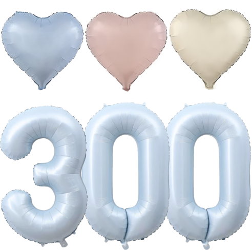 파파 파티 대형 하늘색 숫자 풍선 세트 기념일 생일, 1세트, 하늘 300 + 크림 하트 3p