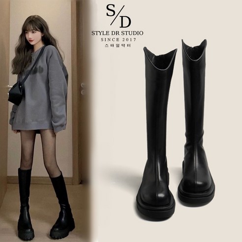 스타일닥터 여성 첼시 롱부츠 베이직 심플 라운드 청키힐 통굽 뒤지퍼 가죽 롱 부츠 4cm