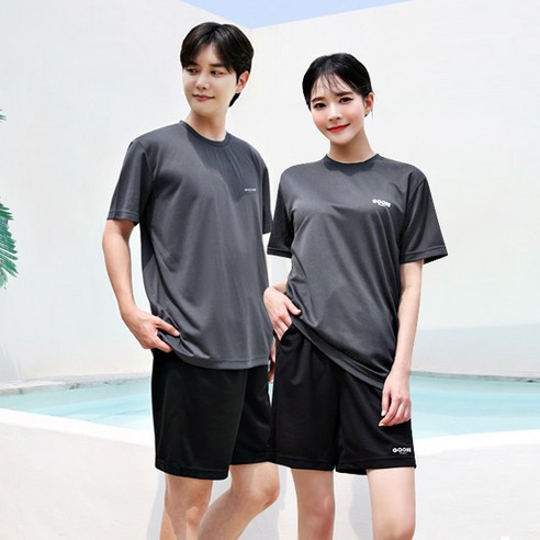 구스 남녀 루즈핏 래쉬가드 반팔티+반바지 상하의 세트 기능성 쿨링 냉감 빅사이즈 GOOSE ITALY, 그레이, XXXL