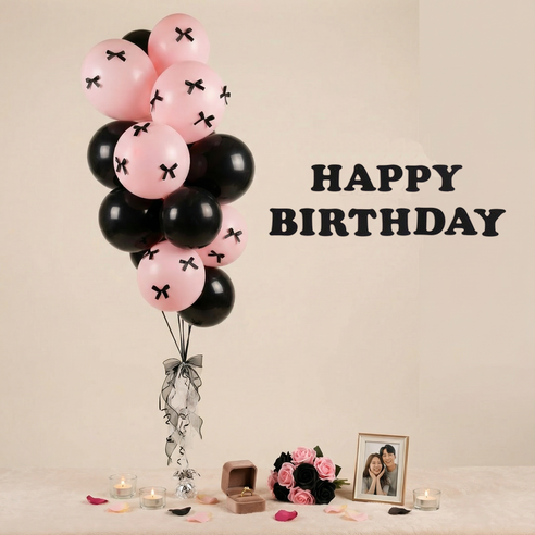 크레샤 블랙핑크 생일파티용품 헬륨효과 파티풍선세트, 1박스, 핑크리본