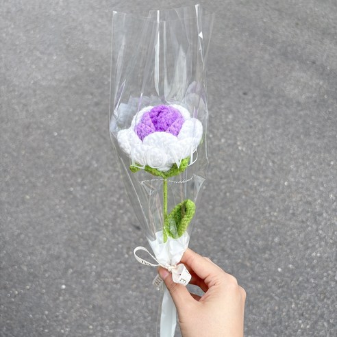 [개별포장]시들지 않는 뜨개 꽃다발 한송이 졸업식 입학식 기념일 선물 어버이날 선물, 1개, 보라 동그란 장미