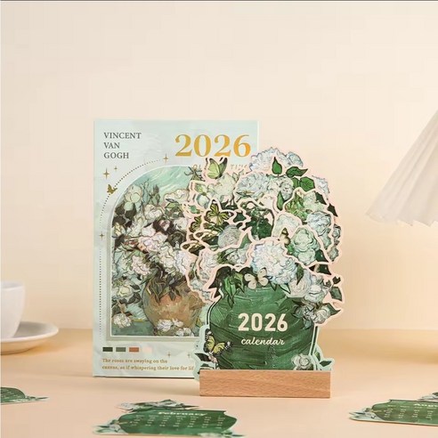 2026 감성 플라워 꽃 일러스트 탁상 달력 우드 인테리어 선물용 캘린더, 1개, white rose