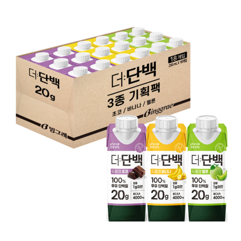 빙그레 더단백 드링크 프로틴음료 3종 혼합(초코6+바나나6+멜론6) 총 18개