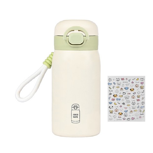 코코메이트 원터치 보온보냉 빨대겸용 텀블러 + 스트랩 + 스티커세트, 1개, 350ml, 그린
