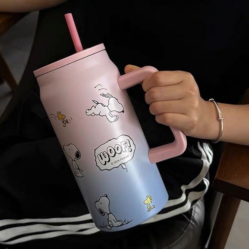 GOYES 캐릭터 스누피 도안 텀블러 대용량 보온 보냉병 빨대 텀블러, 1개, 1500ml, 핑크+블루