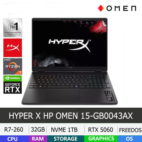 HP 2026 오멘 15 라이젠7 라이젠 200 시리즈 지포스 RTX 5060, Attic Black, 1TB, 32GB, Free DOS, 15-gb0043AX