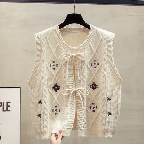 ROYALBELLE 여성 자수 리본 라운드넥 니트 조끼 레이어드 데일리 트렌디 베스트 I081406