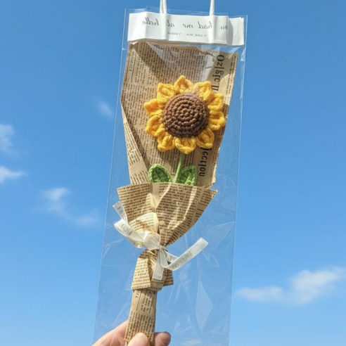 으로마켓 기념선물 해바라기 한송이 뜨개 꽃다발+쇼핑백, 1개, 투명