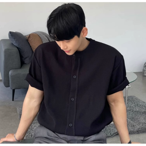 ANYOU 남자 반팔 니트 여름 루즈핏 캐주얼 트렌디한 무드의 솔리드 라운드 반팔 카디건 상의
