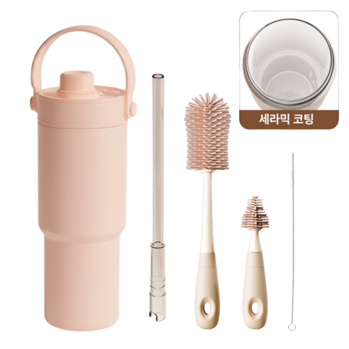 에트레 대용량 손잡이 빨대 스텐 세라믹 텀블러, 1세트, 735ml, 코랄핑크